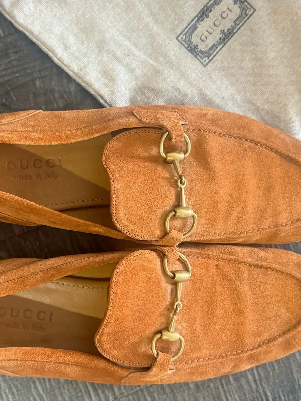 Gucci Suede Loafers in Tan and Gold Accents